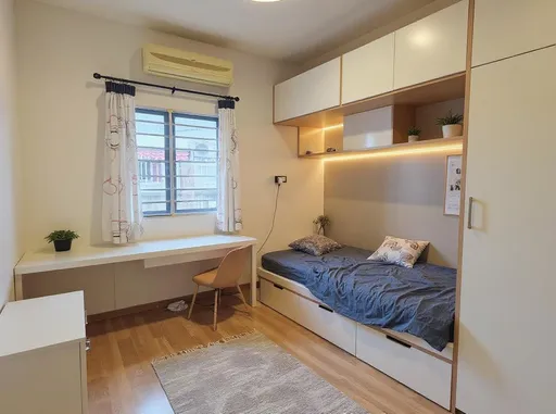 Prompt: Transform this cluttered, dim bedroom into a modern, multifunctional space optimized for studying, sleeping, and relaxation. Maximize brightness by repainting the walls in soft, light-reflecting colors like warm white or pastel tones, and replace the heavy curtains with sheer, airy fabrics to let in more natural light. Replace the bed with a space-saving loft bed or storage bed to free up floor space and increase utility. Create a dedicated, ergonomic study corner with a minimalist wall-mounted desk, built-in shelving, and concealed cable management. Replace the mismatched furniture with cohesive, compact pieces in a Scandinavian or Japandi style. Add a large mirror on one wall to enhance the sense of space and reflect light. Install warm ambient lighting and LED strips under shelves for a calming atmosphere. Incorporate concealed or modular storage solutions (like under-bed drawers or built-in wardrobes) to reduce clutter. Add indoor plants and soft textiles (like a rug and cushions) to improve comfort and visual appeal. The goal is a spacious, inviting, and efficient room suitable for a student or young adult.