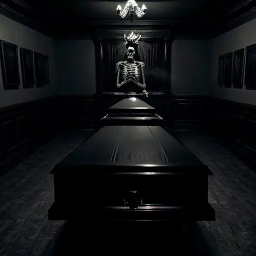 Prompt: Make the graphic in realism Song cover located in a dark and twisted funeral home with an open casket displaying a skeleton. The room is smothered in grey and black fog with satanic figures in the darkness. In the middle of the graphic in a bold white horror movie font is the title of the song "I FEEL COLD"