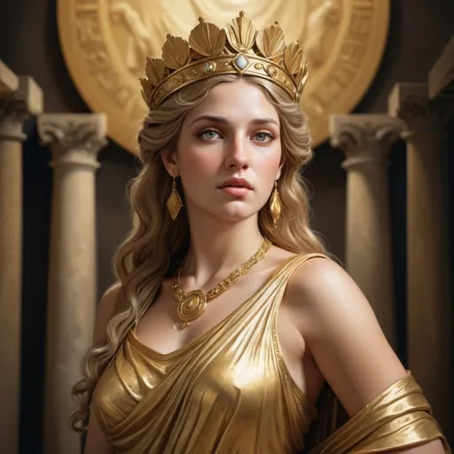 Prompt: Realistic portrait of Greek goddess Hera, flowing golden robes, regal crown, serene expression, piercing eyes, intricate jewelry, lifelike skin texture, majestic presence, museum-quality, detailed realism, classical art style, warm and soft lighting, realistic goddess, regal attire, serene beauty, lifelike details, historical theme, museum-worthy, majestic presence