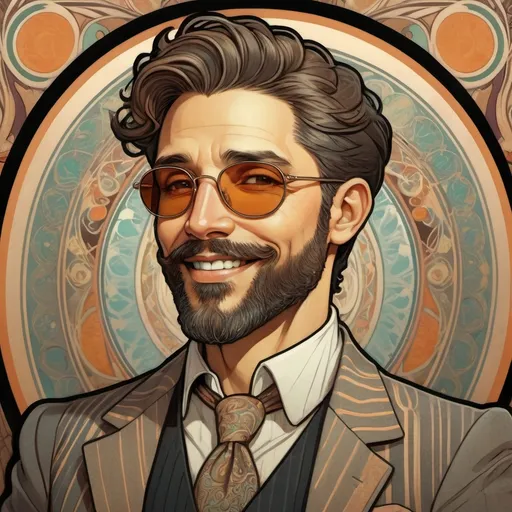 Prompt: Alphonse Mucha Style, art nouveau illustration of a short and black haired man with a soul patch beard wearing sunglasses and a suit jacket smiling for the camera, thick lines, intricate details, beautiful colors