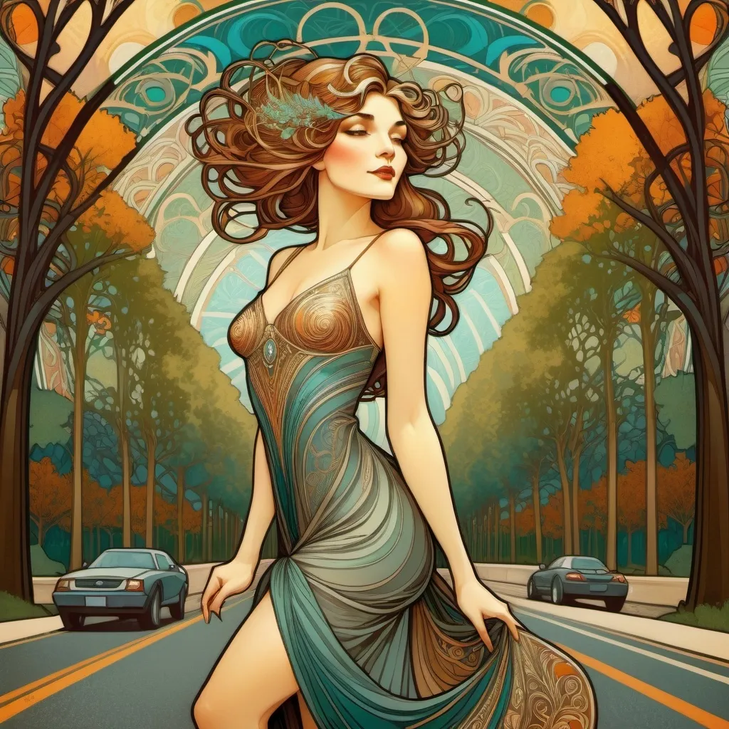 Prompt: Alphonse Mucha Style, art nouveau illustration of a woman in high heels and a top is posing for a picture on a road with trees in the background, thick lines, intricate details, beautiful colors