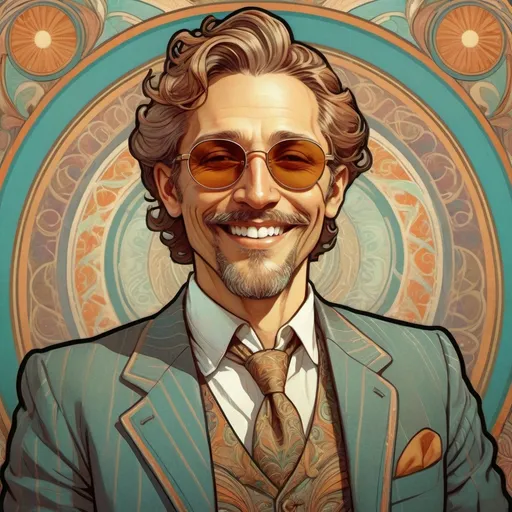 Prompt: Alphonse Mucha Style, art nouveau illustration of a man wearing sunglasses and a suit jacket smiling for the camera, thick lines, intricate details, beautiful colors