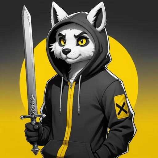 Prompt: a cartoon character with a hoodie and a sword in his hand, with a yellow background and a black and white background, Eamon Everall, furry art, fullbody, a character portrait