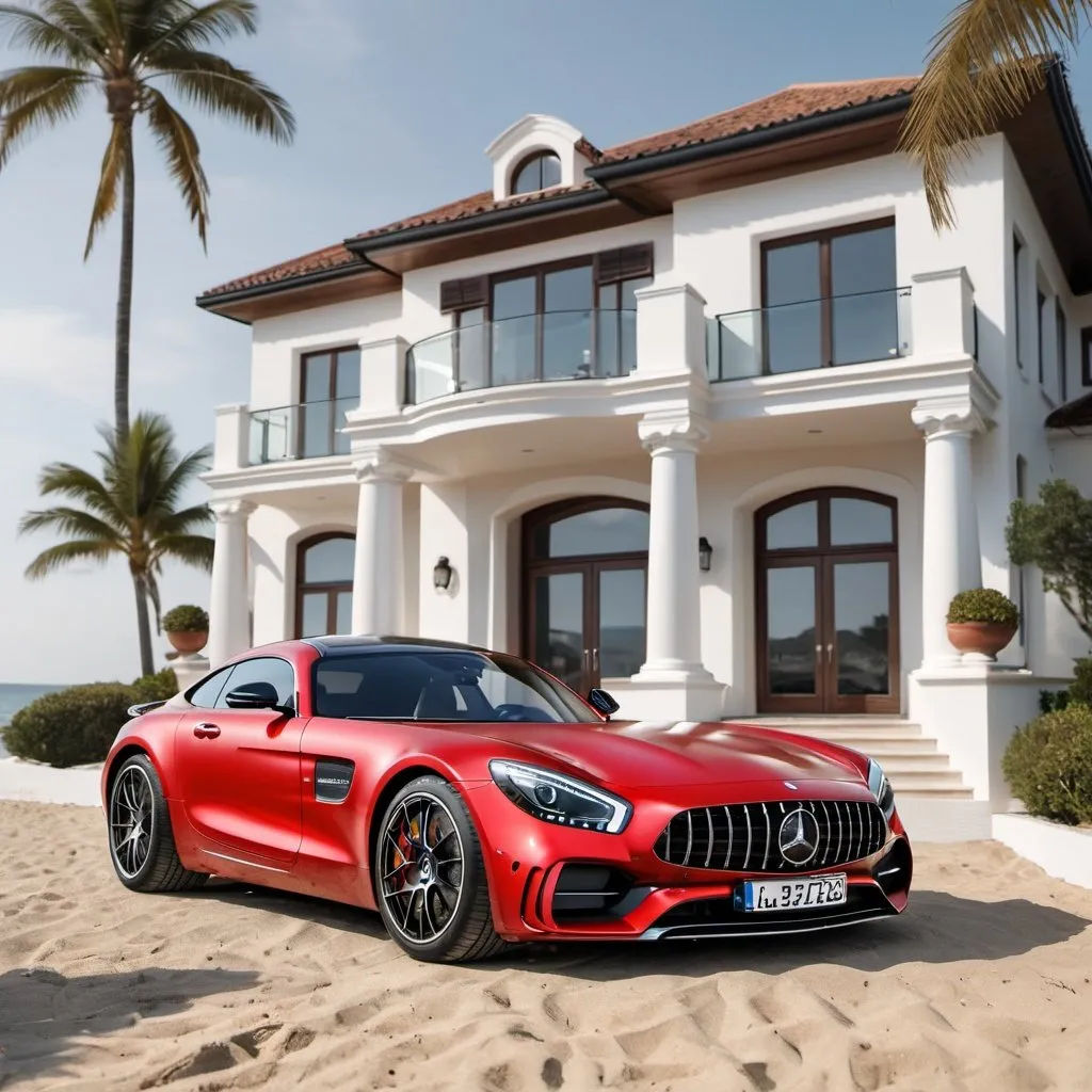 Prompt: Realistic marcedes AMG GT car in front of luxury house on the beach