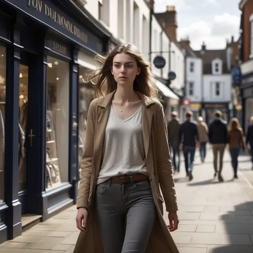 Prompt: Tall young woman walking down the high street, detailed clothing, realistic, natural lighting