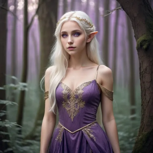 Prompt: Beautiful elf with platinum blonde hair, purple eyes with gold flecks, wearing a beautiful dress in a mystical forest