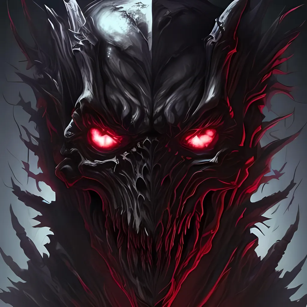 Prompt: void, black shadow, monster, dark fantasy, advance technology, anime, demon, scary, red, tyranid monster, skull like face, death, void god