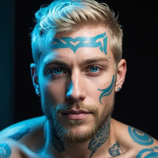 Prompt: A  blonde human male, attractive, beard, glowing blue tattoo
