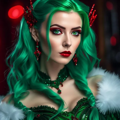 Prompt: <mymodel>(mymodel), striking green hair, intense red eyes, captivating features, whimsical hairstyle, vibrant color contrast, enchanting gaze, surreal atmosphere, thoughtful expression, high detail, ultra-detailed, 4K resolution, dramatic lighting, smooth textures, magical background, dreamlike ambiance.