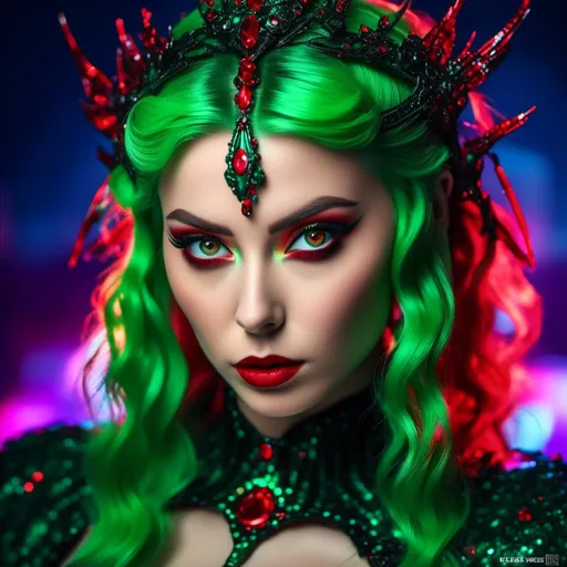 Prompt: <mymodel>(mymodel), striking green hair, intense red eyes pupil, captivating features, whimsical hairstyle, vibrant color contrast, enchanting gaze, surreal atmosphere, thoughtful expression, high detail, ultra-detailed, 4K resolution, dramatic lighting, smooth textures, magical background, dreamlike ambiance.