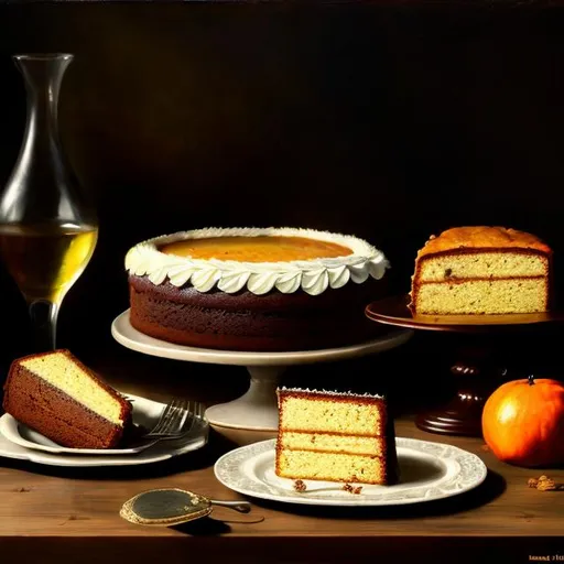 Prompt: Cake, glasses, baking supplies on a wooden table, oil painting, Hans Holbein style, detailed texture, rich colors, realistic lighting, classic art, still life, high quality, detailed brushwork, wooden table, glassware, baking tools, textured canvas, vintage aesthetic, dark and warm tones, intricate details, traditional art