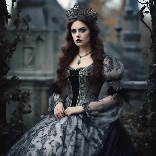 Prompt: color photo of "a historic english princess with a touch of darkness, featuring deep, haunting eyes and a face filled with sadness. She stands in a gothic setting, wearing a unique and edgy interpretation of a detailed elegant dress, iconic attire. The photo captures her internal struggle, as she embodies both the innocent fairy tale character and a hint of a devilish nature. Her expression tells a story of inner turmoil, reflecting the complexities of her journey" —c 10 —ar 2:3
