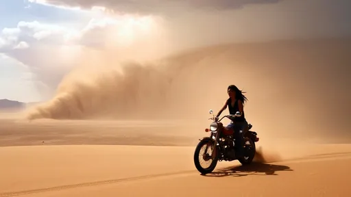 Prompt: A girl on a motorcycle confidently crossing the desert during a sandstorm, when the sun breaks through the clouds, illuminating the endless sands.