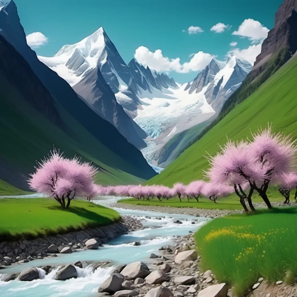 Prompt: Sharp mountains peaks with glacier caps, green valley, blossoming cheery trees, blue rocky river is running in the middle of the valley taking source from mountains peaks