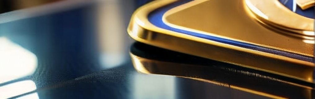 Prompt: Use the reference image to inspire you to create a plaque made in gold and extrude my logo exactly as it was created, but fill it in a shine plate with shadow countour in dark blue. Position is a front view. Result is ultra realistic photograph (photorealistic) gold plaque, (front view) logo extruded, high shine finish, dark blue contour shadows, ultra-detailed texture, gleaming surfaces, elegant design, luxurious appearance, studio lighting, 4K resolution, dramatic lighting contrasts, sophisticated ambiance, intricate craftsmanship, handcrafted feel, visual depth, branding-focused aesthetics.