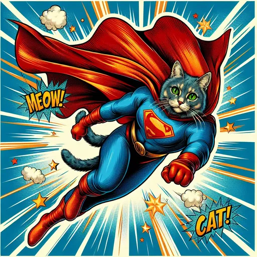 Prompt: illustrated cat dressed as a superhero. The cat has green eyes and a determined expression. It is depicted in mid-air, leaping forward with its front paws outstretched as if flying towards the viewer. The cat wears a blue superhero costume with a red cape flowing behind it, evoking a sense of motion and action. The background is filled with comic book-style effects, including explosive bursts, bold text like "MEOW" and "CAT!", and vibrant colors., detailed, dark colors, dramatic, graphic novel illustration,  2d shaded retro comic book