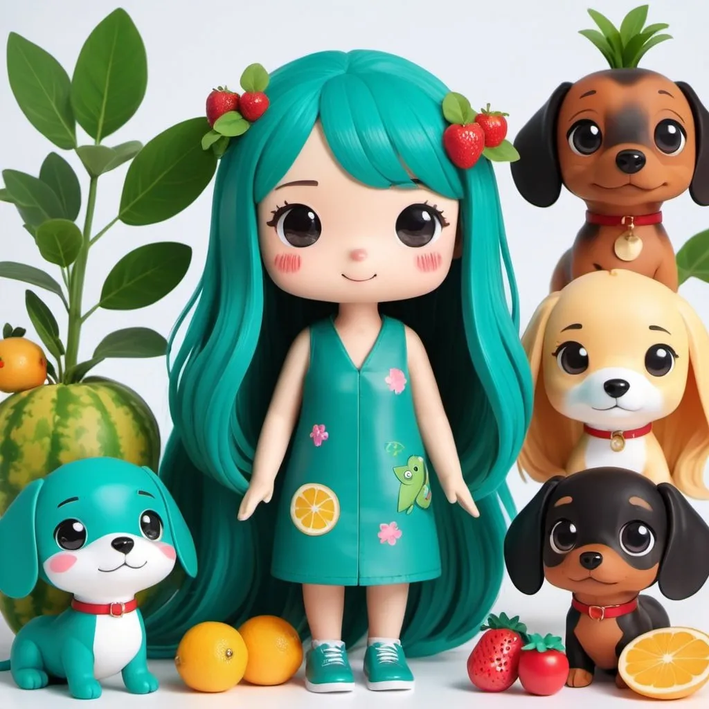 Prompt: make 5 characters, 1 long hair teal girl,  daschund dog, and cute kawaii friends with plant, fruits and fish like studio gibli