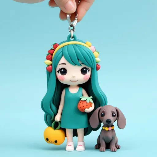 Prompt: make 10 characters, 1 long hair teal girl wearing dress with plant headband,  gray daschund bischon dog, and cute kawaii friends with plant, fruits and fish, coffee, book, kawaii like studio gibli 3d - polymer clay keychain