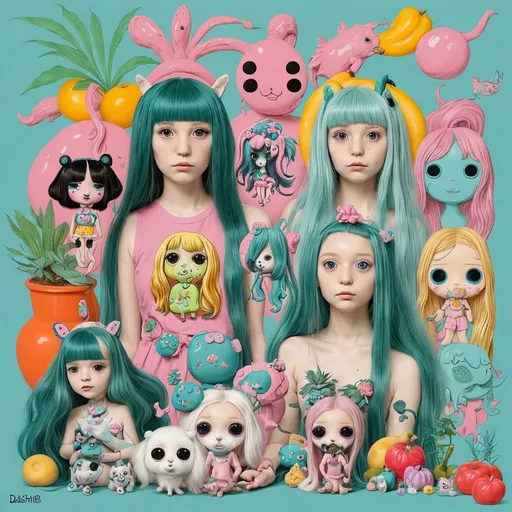 Prompt: make 5 characters, 1 long hair teal girl,  daschund dog, and cute kawaii friends with plant, fruits and fish like studio gibli