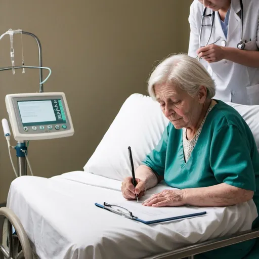 Prompt: an old woman laying at a hospital bed is signing her last will