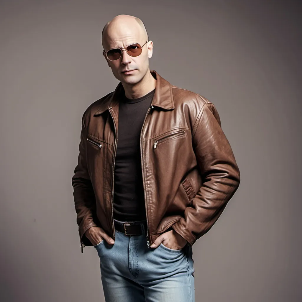 Prompt: Bald man wearing brown leather jacket in 80s style, full body