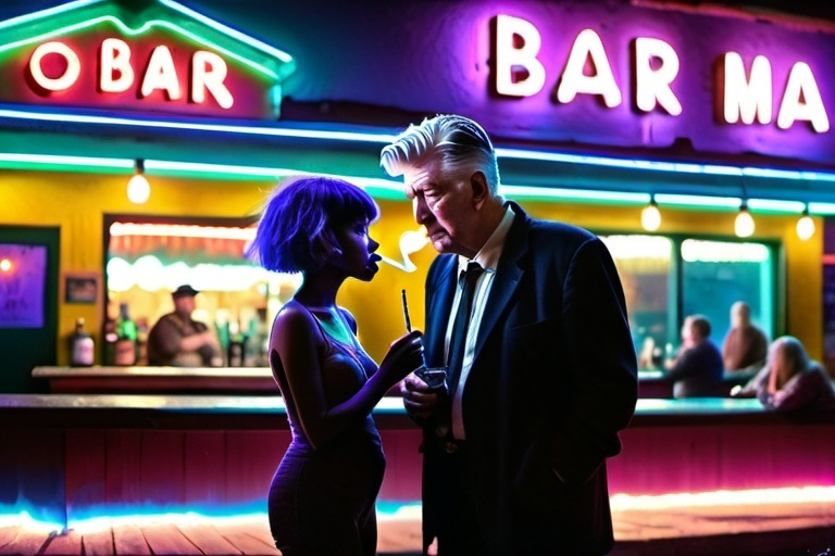 Prompt: (David Lynch-inspired scene), (a little person and a Martian), casually smoking a cigarette together, atmospheric setting, outside a lively bar in Missoula, Montana, twilight ambiance, cool tones of blues and purples, detailed background of bar lights flickering, slight haze from smoke, intriguing expressions on their faces, whimsical, surreal vibe, high quality, ultra-detailed, cinematic flair.