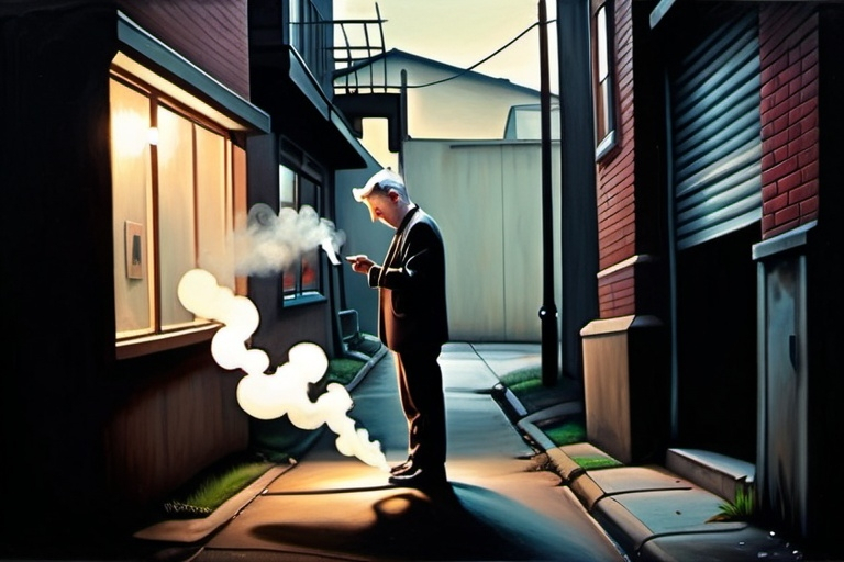 Prompt: Sfumato oil painting, (surreal scene) of David Lynch, (attempting to bum a cigarette), a little person, (alleyway setting), Vancouver, Washington, (moody atmosphere), soft transitions, deep shadows, subtle color gradients, urban background details, (dreamlike quality), (highly detailed and artistic).