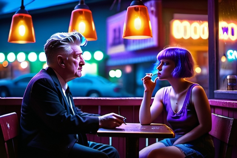 Prompt: (David Lynch-inspired scene), (a little person and a Martian), casually smoking a cigarette together, atmospheric setting, outside a lively bar in Missoula, Montana, twilight ambiance, cool tones of blues and purples, detailed background of bar lights flickering, slight haze from smoke, intriguing expressions on their faces, whimsical, surreal vibe, high quality, ultra-detailed, cinematic flair.