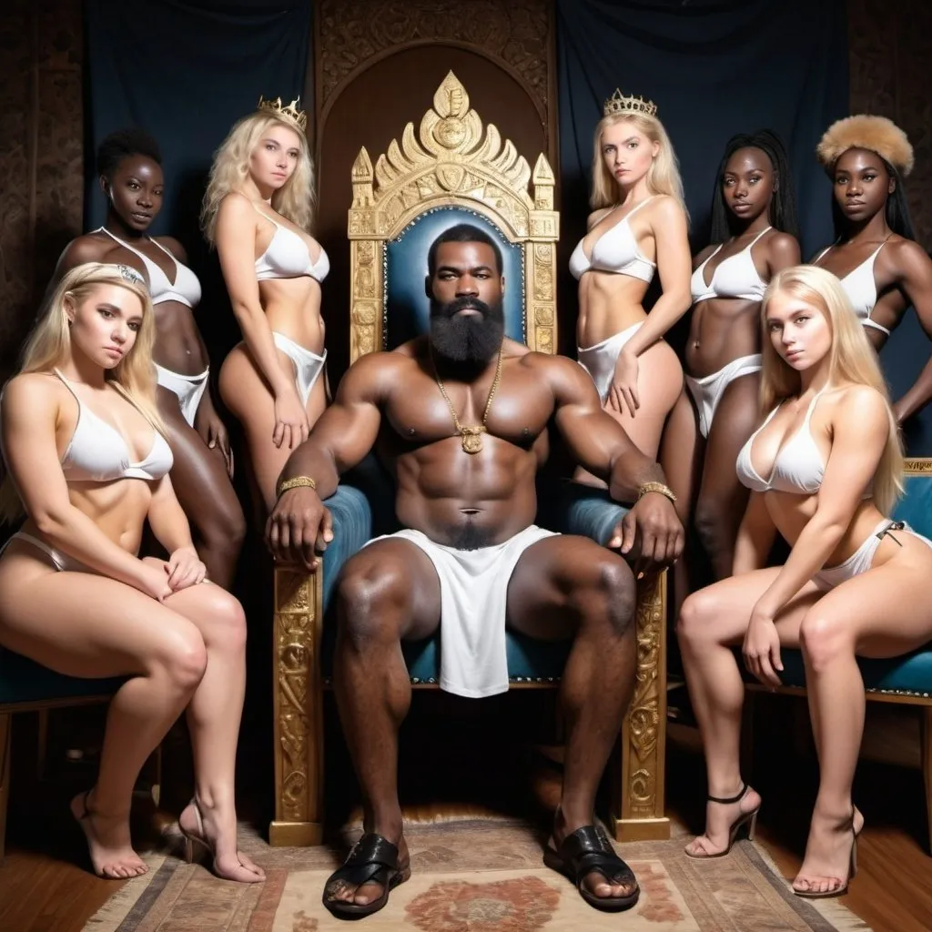 Prompt: strong tall masculine dominant muscular virile powerful big hairy bearded African King, sitting in throne surrounded by his harem of leashed young white blonde girl concubines in various states of undress, 1 male, multiple girls