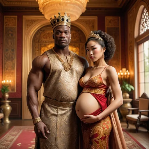 Prompt: Big muscular African King and young pregnant asian girl