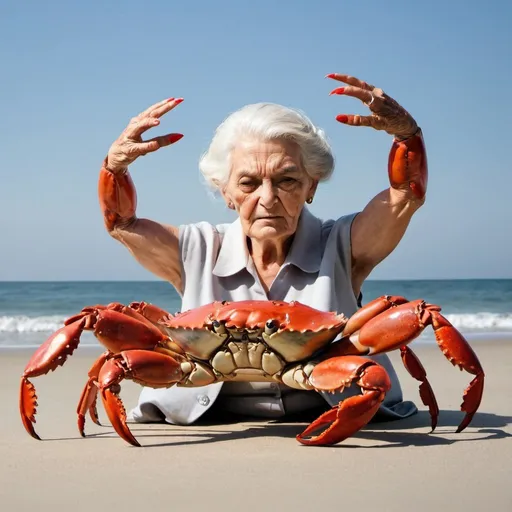 Prompt: powerful old woman and crab
