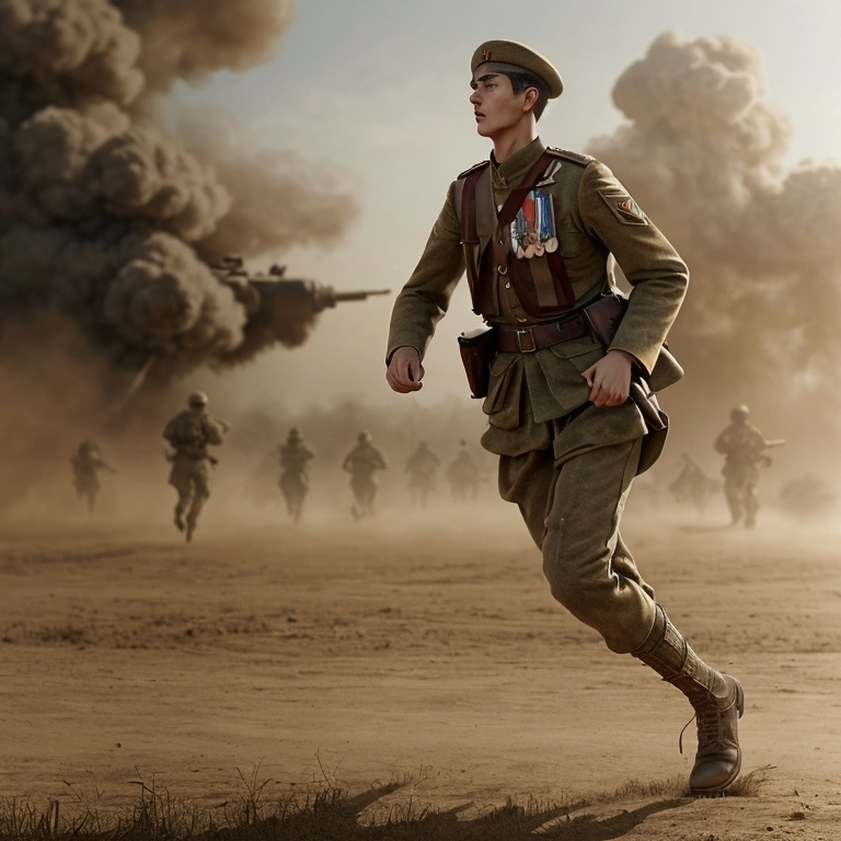 Prompt: Tall young man runing in the war , detailed war clothing, realistic, detailed Machingun, natural lighting