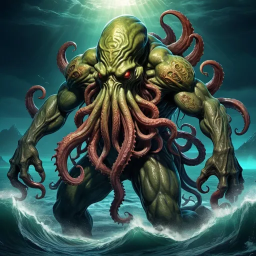 Prompt: (retired navy seal comic monster), (Cthulhu-inspired), muscular and imposing figure, detailed textures, vibrant colors, dramatic lighting, surreal atmosphere, deep ocean background with twisting tentacles, hints of military gear merging with fantastical elements, sci-fi elements interwoven, high-quality illustration, ultra-detailed artwork, captivating and otherworldly ambiance.