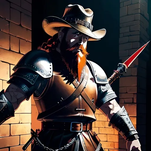 Prompt: Anime illustration of a 4'9 red-headed dwarf, detailed braided beard, chainmail armor, leather duster, black leather cowboy hat, spear and shield, cool tones, detailed eyes, anime, highres, ultra-detailed, fantasy, adventurous, atmospheric lighting