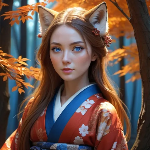 Prompt: A kitsune woman with brown hair and blue eyes
