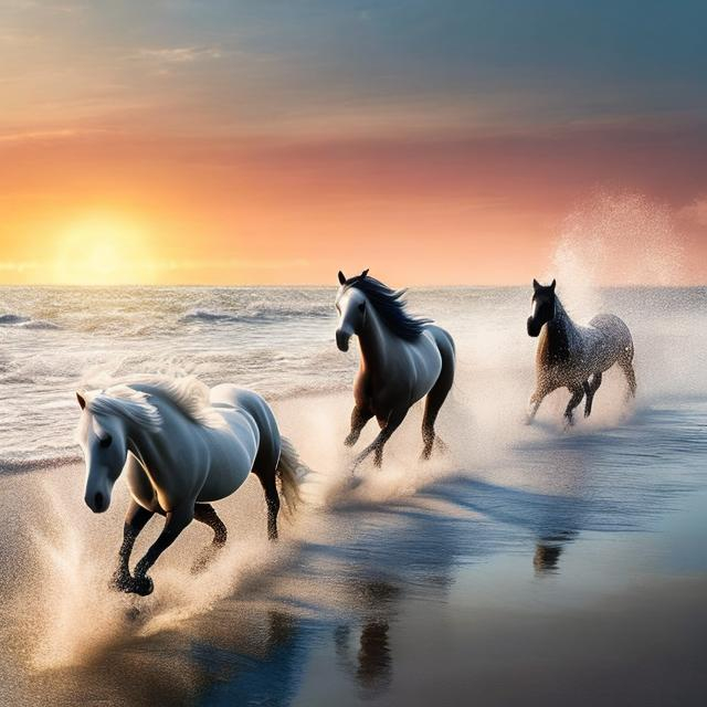 Prompt: A photo of a horses with long blowing hair running on a beach with crystal clear water with a beautiful sunrise with no reflection in the water