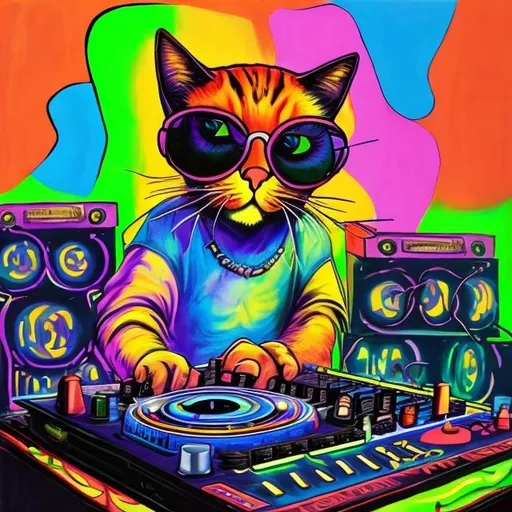 Prompt: A painting of a cat with sunglasses standing behind a dj table with party lights 