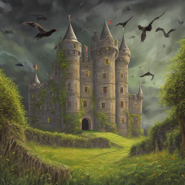 Prompt: A painting of a castle that has ivy growing up the side 
located in a grass field with dark skies with black birds flying 