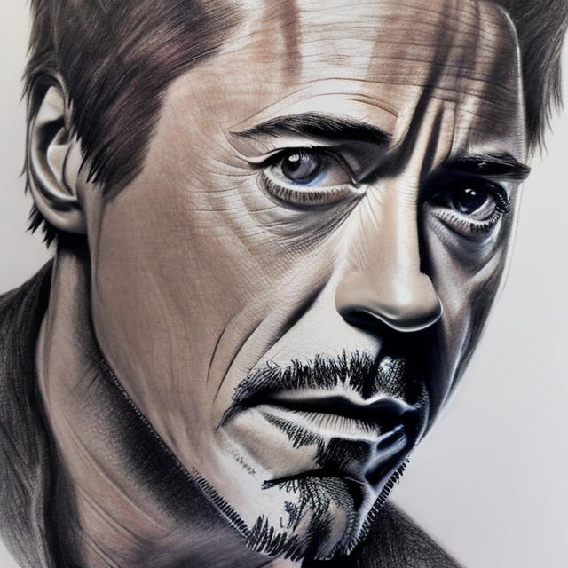 Prompt: a pencil drawing of Robert Downey Jr, detailed face