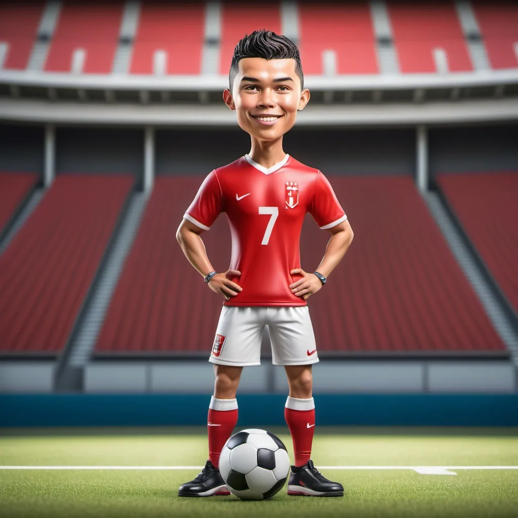 Prompt: Ronaldo realistic 4D caricature of an 18 year old Indonesian man, tall. wearing a hat, wearing a red football jersey, formal trousers, slippers, standing with crossed arms, football stadium background