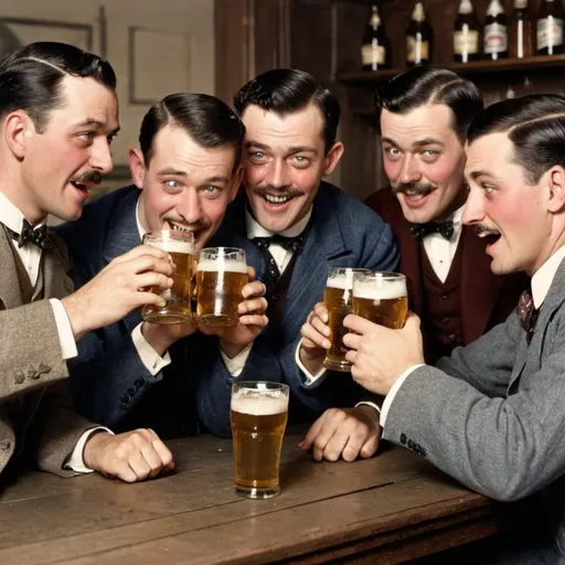 Prompt: a group of well dressed early 20th century males rowdily drinking beers with a caption that says "Let's Go Boys"