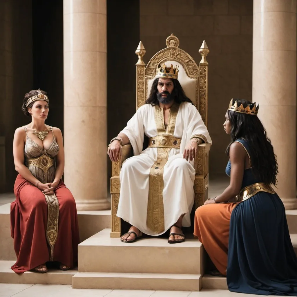 Prompt: King Solomon (male) sat quietly on his throne, carefully observing the two women. The second woman stepped forward, her face fierce and angry. She pointed back toward the first woman holding the baby. The two guards also watched the developments tensely.