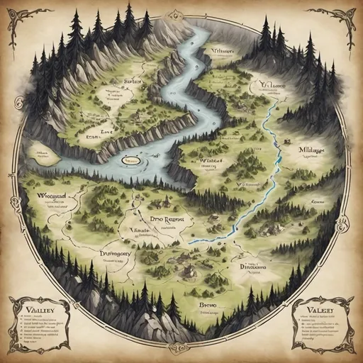 Prompt: I want a fantasy style map, as if drawn on parchment with black ink. a valley is surrounded by a circular forest. the valley runs from north to south, with a river running east to west. There are 5 villages on the map, with one of them being quite close to the center.  there is no text on the map at all.