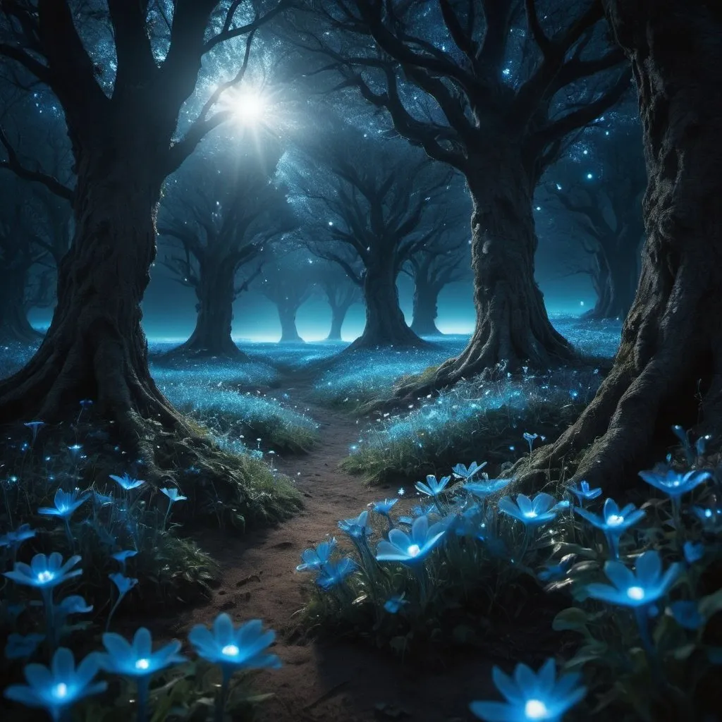 Prompt: Tälanthir Ëanil, a mysterious, dim, and magical spirit realm shrouded in a theme of midnight blue and black. It’s a place where sunlight will never find its way into. The time is permanently set to midnight, and the stars of celestial beauty are twinkling above. A tree sheds ethereal light from its foliages. Bioluminescent. Fairy dusts everywhere. The glowing flowers seem to weave a soft, aromatic carpet on the ground. Ethereal, bioluminescent, dreamy, heavenly, relaxing, glowing, fantastical, mystical. 8K, ultra detailed, cinematic, high res, high quality, sharp focus, full shot. Exclude any signs of sunlight, sunset, or the sun itself