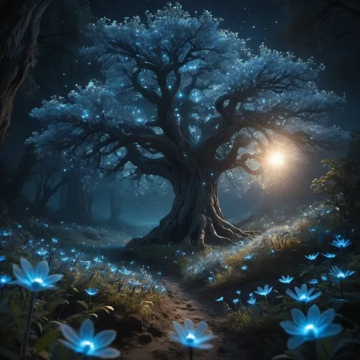 Prompt: Tälanthir Ëanil, a mysterious, dim, and magical spirit realm shrouded in a theme of midnight blue and black. It’s a place where sunlight will never find its way into. The time is permanently set to midnight, and the stars of celestial beauty are twinkling above. A tree sheds ethereal light from its foliages. Bioluminescent. Fairy dusts everywhere. The glowing flowers seem to weave a soft, aromatic carpet on the ground. Ethereal, bioluminescent, dreamy, heavenly, relaxing, glowing, fantastical, mystical. 8K, ultra detailed, cinematic, high res, high quality, sharp focus, full shot. Exclude any signs of sunlight, sunset, or the sun itself