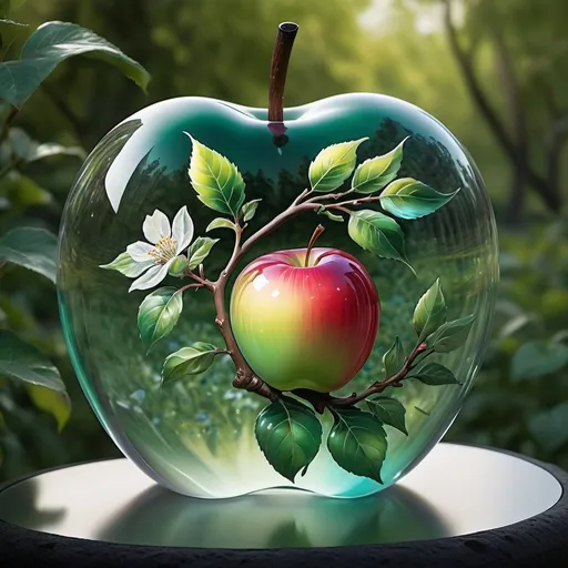 Prompt: Visualize a ((captivating)) ((illustration)) portraying the enchanting beauty of a ((translucent glass apple)) delicately placed to reflect the vibrant colors of an adjacent garden. The canvas unfolds with the ethereal tones of Crystal Clear Glass #C0C0C0 and Garden of Eden Green #417E40. The translucency of the glass captures the essence of a magical moment, as the apple mirrors the lively hues of blooming flowers and lush foliage. This masterpiece invites spectators to appreciate the harmony between the fragile transparency of glass and the kaleidoscope of nature's palette. 32k HD, HighDefinition, super detailed, majestic, epic, total quality.

darkness, out of frame, blurry background, lowres, duplicate