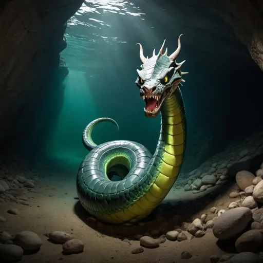 Prompt: A Wicked Sea Serpent is making its way through underground rivers and Great Basin Lakes to make its way to Lake Tahoe t lay its eggs.