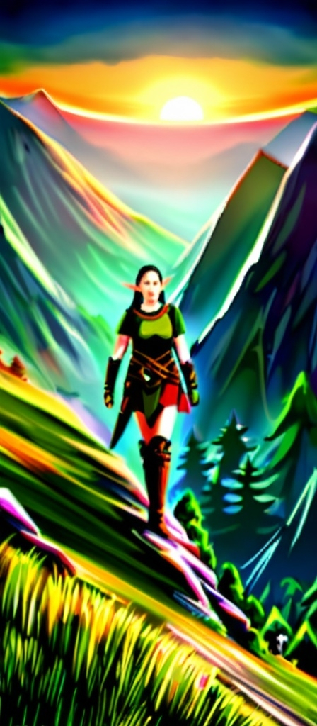 Prompt: Elf warrior women walking towards the sunset on the peak of a mountain, surrounded by beautiful forestry 
