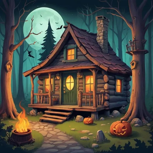 Prompt: A witches cabin in the woods.
Cartoonish and for a kids book