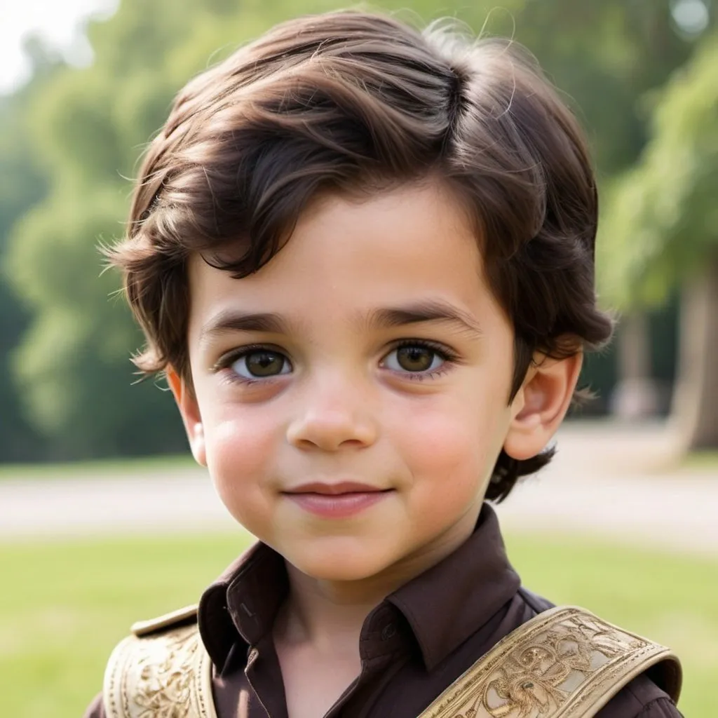 Prompt: A 5 year old prince.  Fair skin, Dark brown hair. His name is prince Ethan cartoonish
And friendly 
